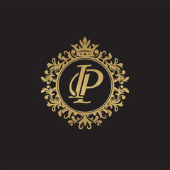 Initial letter IP, overlapping monogram logo, decorative ornament badge, elegant luxury golden color