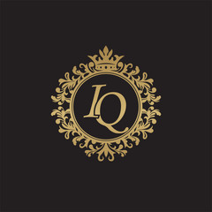 Initial letter IQ, overlapping monogram logo, decorative ornament badge, elegant luxury golden color