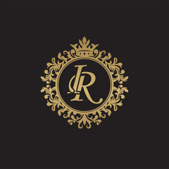Initial letter IR, overlapping monogram logo, decorative ornament badge, elegant luxury golden color
