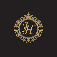 Initial letter JH, overlapping monogram logo, decorative ornament badge, elegant luxury golden color