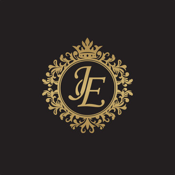 Initial letter JE, overlapping monogram logo, decorative ornament badge, elegant luxury golden color