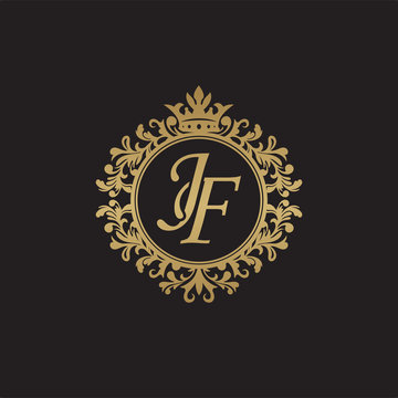 Initial letter JF, overlapping monogram logo, decorative ornament badge, elegant luxury golden color