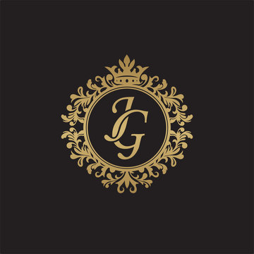Initial letter JG, overlapping monogram logo, decorative ornament badge, elegant luxury golden color