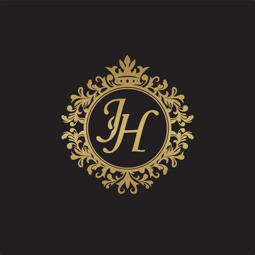 Initial letter JH, overlapping monogram logo, decorative ornament badge, elegant luxury golden color