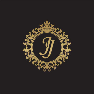 Initial letter JJ, overlapping monogram logo, decorative ornament badge, elegant luxury golden color