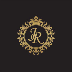 Initial letter JR, overlapping monogram logo, decorative ornament badge, elegant luxury golden color