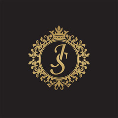 Initial letter JS, overlapping monogram logo, decorative ornament badge, elegant luxury golden color