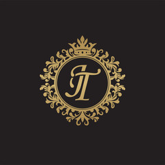 Initial letter JT, overlapping monogram logo, decorative ornament badge, elegant luxury golden color