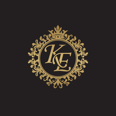 Initial letter KE, overlapping monogram logo, decorative ornament badge, elegant luxury golden color