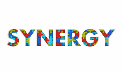 Synergy Puzzle Working Together Word 3d Illustration