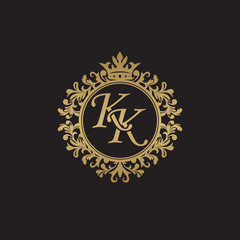 Initial letter KK, overlapping monogram logo, decorative ornament badge, elegant luxury golden color