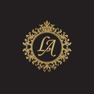 Initial letter LA, overlapping monogram logo, decorative ornament badge, elegant luxury golden color