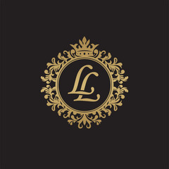 Initial letter LL, overlapping monogram logo, decorative ornament badge, elegant luxury golden color