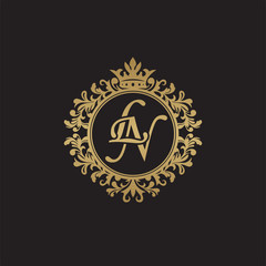 Initial letter LN overlapping monogram logo, decorative ornament badge, elegant luxury golden color