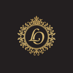 Initial letter LO, overlapping monogram logo, decorative ornament badge, elegant luxury golden color