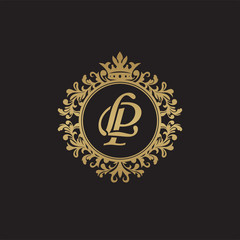 Initial letter LP, overlapping monogram logo, decorative ornament badge, elegant luxury golden color