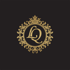 Initial letter LQ, overlapping monogram logo, decorative ornament badge, elegant luxury golden color