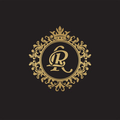 Initial letter LR, overlapping monogram logo, decorative ornament badge, elegant luxury golden color