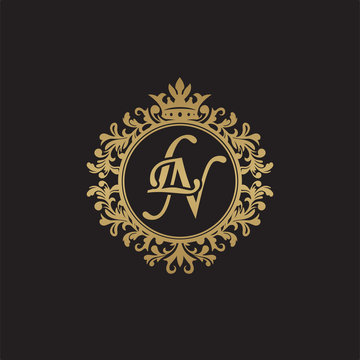Initial letter LN overlapping monogram logo, decorative ornament badge, elegant luxury golden color