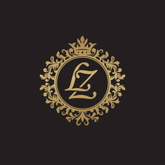 Initial letter LZ, overlapping monogram logo, decorative ornament badge, elegant luxury golden color