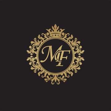 Initial letter MF, overlapping monogram logo, decorative ornament badge, elegant luxury golden color