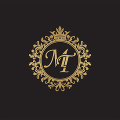 Fototapeta na wymiar Initial letter MT, overlapping monogram logo, decorative ornament badge, elegant luxury golden color