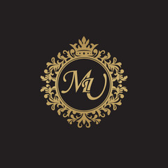 Initial letter MU, overlapping monogram logo, decorative ornament badge, elegant luxury golden color