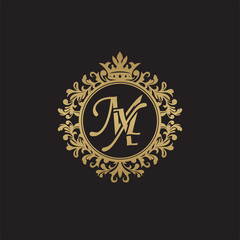 Initial letter MX, overlapping monogram logo, decorative ornament badge, elegant luxury golden color