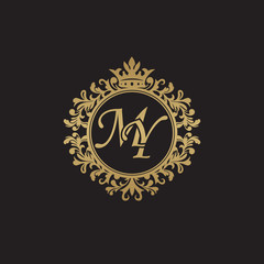 Initial letter MY, overlapping monogram logo, decorative ornament badge, elegant luxury golden color