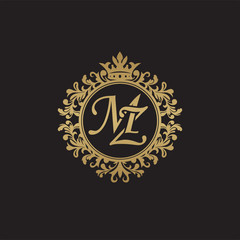 Initial letter MZ, overlapping monogram logo, decorative ornament badge, elegant luxury golden color