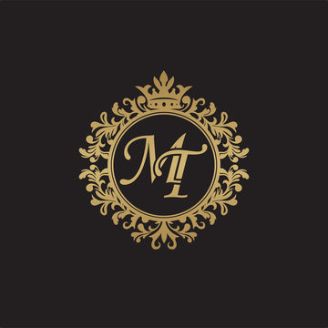 Initial letter MT, overlapping monogram logo, decorative ornament badge, elegant luxury golden color