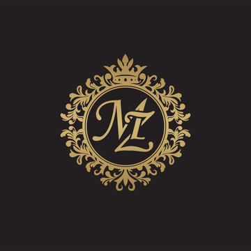 Initial letter MZ, overlapping monogram logo, decorative ornament badge, elegant luxury golden color