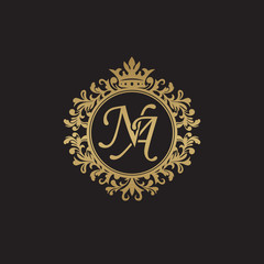 Initial letter NA, overlapping monogram logo, decorative ornament badge, elegant luxury golden color
