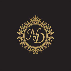 Initial letter ND, overlapping monogram logo, decorative ornament badge, elegant luxury golden color