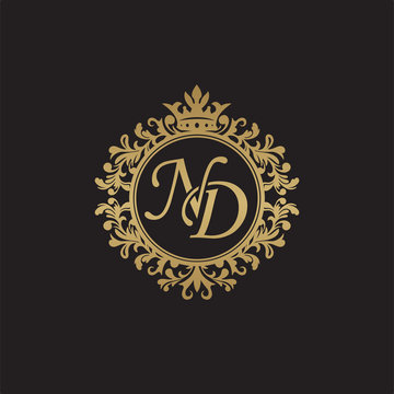 Initial letter ND, overlapping monogram logo, decorative ornament badge, elegant luxury golden color