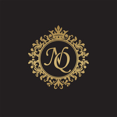Initial letter NQ, overlapping monogram logo, decorative ornament badge, elegant luxury golden color