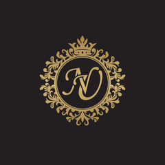 Initial letter NU, overlapping monogram logo, decorative ornament badge, elegant luxury golden color