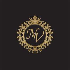Initial letter NV, overlapping monogram logo, decorative ornament badge, elegant luxury golden color