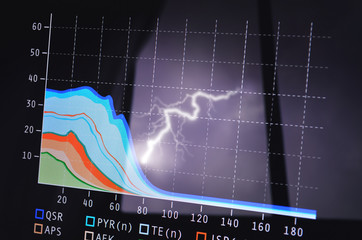 Business crisis, represented by photo of computer screen showing falling graph with reflection of lightning to dramatize situation