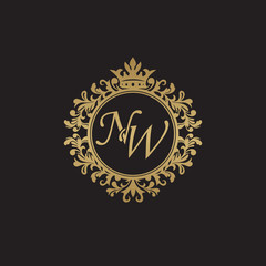 Initial letter NW, overlapping monogram logo, decorative ornament badge, elegant luxury golden color