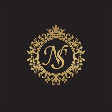 Initial letter NS, overlapping monogram logo, decorative ornament badge, elegant luxury golden color