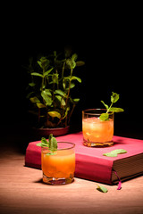 alcohol cocktails with mint on pink book on table