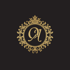 Initial letter OA, overlapping monogram logo, decorative ornament badge, elegant luxury golden color