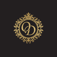 Initial letter OD, overlapping monogram logo, decorative ornament badge, elegant luxury golden color