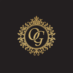 Initial letter OG, overlapping monogram logo, decorative ornament badge, elegant luxury golden color