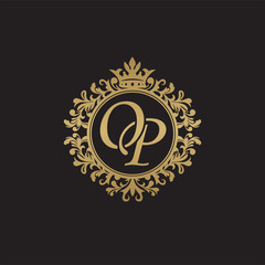 Initial letter OP, overlapping monogram logo, decorative ornament badge, elegant luxury golden color