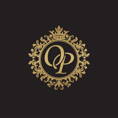Initial letter OP, overlapping monogram logo, decorative ornament badge, elegant luxury golden color