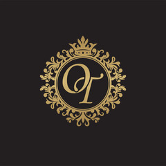Initial letter OT, overlapping monogram logo, decorative ornament badge, elegant luxury golden color