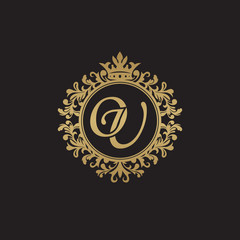 Initial letter OU, overlapping monogram logo, decorative ornament badge, elegant luxury golden color