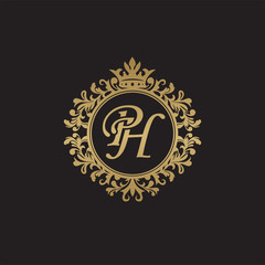Fototapeta premium Initial letter PH, overlapping monogram logo, decorative ornament badge, elegant luxury golden color